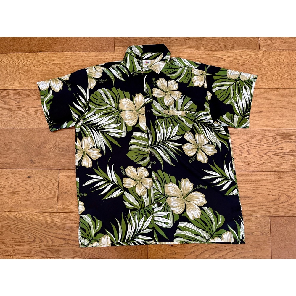 Rima Hawaiian Shirt Mens Large Black Green Tropical Floral Hibiscus